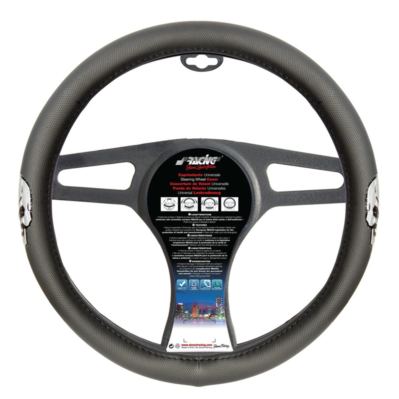 Simoni Racing Stuurwielhoes Silver Skulls - Zwart Eco-Leder/Zilver - 37-39cm