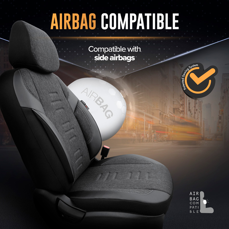 Universele Linnen/Leder/Stoffen Stoelhoezenset 'Throne' Zwart/Grijs- 11-delig - geschikt voor Side-Airbags