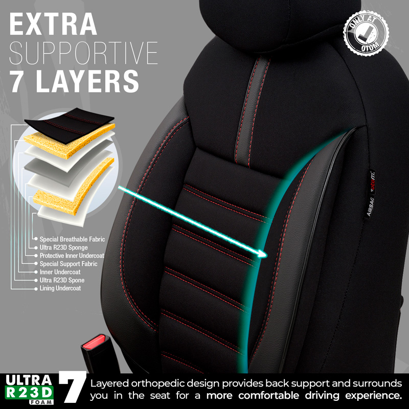 Universele Stoffen/Leder Stoelhoezenset 'Limited' Zwart + Rode stiksels - 11-delig - geschikt voor Side-Airbags