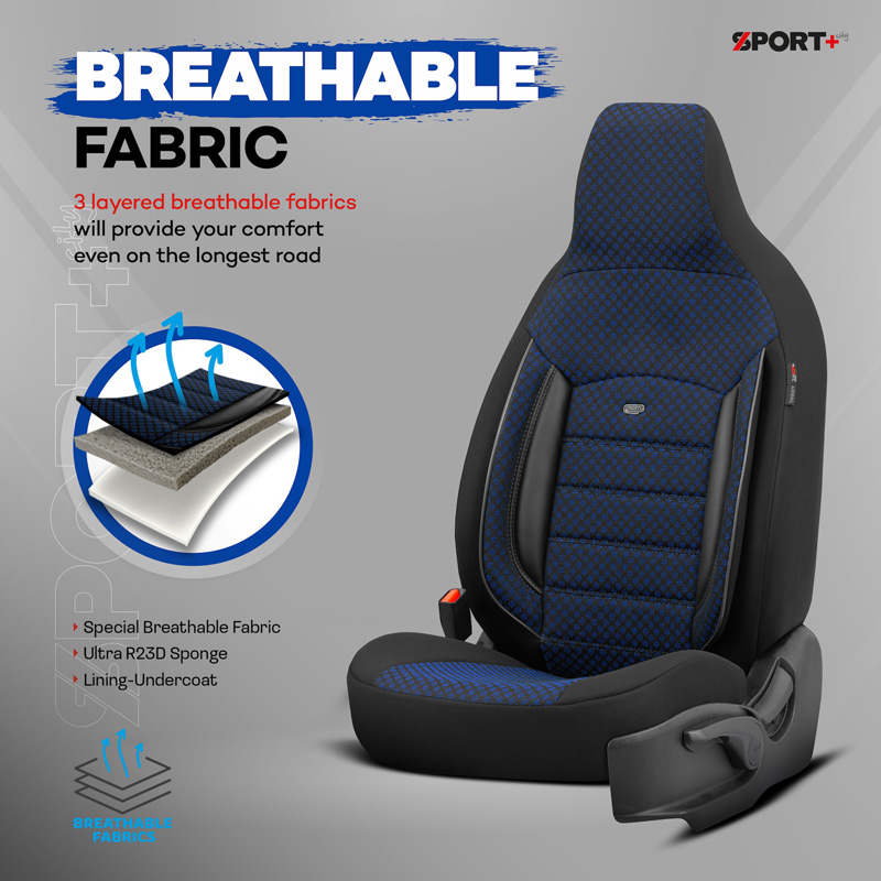 Universele Stoffen 'CityBug' Stoelhoezenset 'Sport Plus' Zwart/Blauw - 9-delig - geschikt voor Side-Airbags