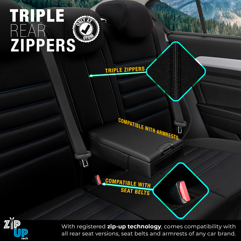 Universele Stoffen/Leder Stoelhoezenset 'Limited' Zwart + Blauwe stiksels - 11-delig - geschikt voor Side-Airbags
