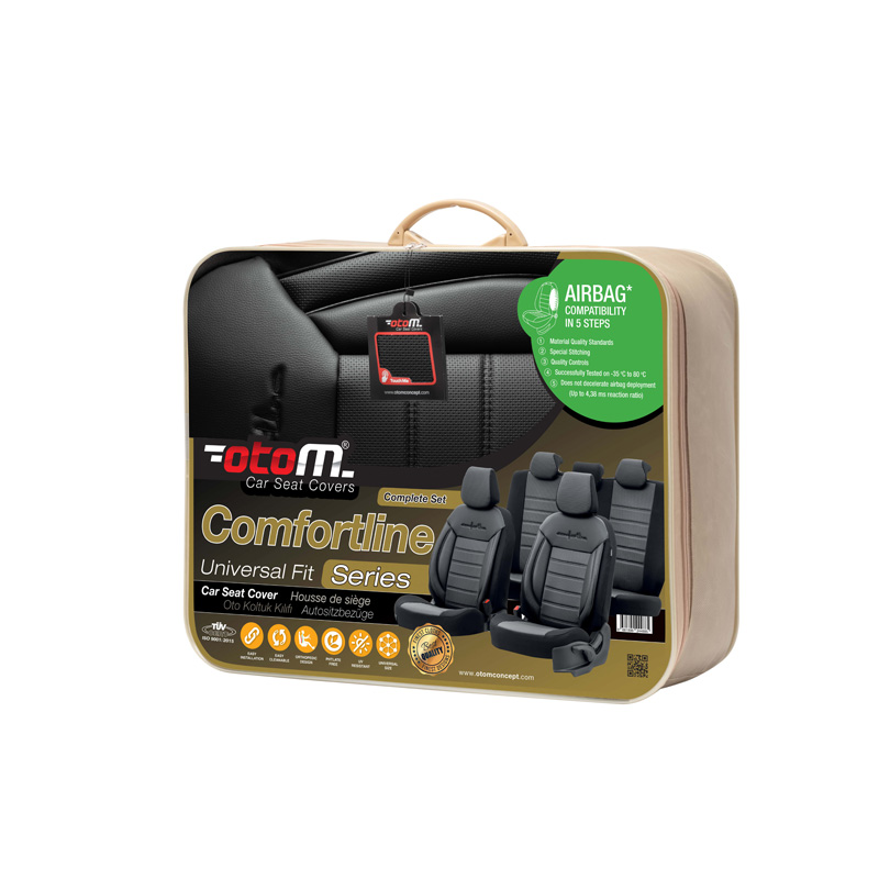 Universele Leder/Stoffen Stoelhoezenset 'Comfortline' Zwart/Grijs + Witte rand - 11-delig - geschikt voor Side-Airbags