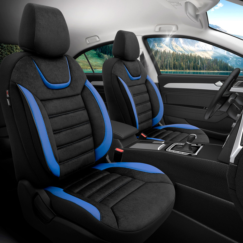Universele Suede/Leder/Stoffen Stoelhoezenset 'Iconic' Zwart/Blauw - 11-delig - geschikt voor Side-Airbags