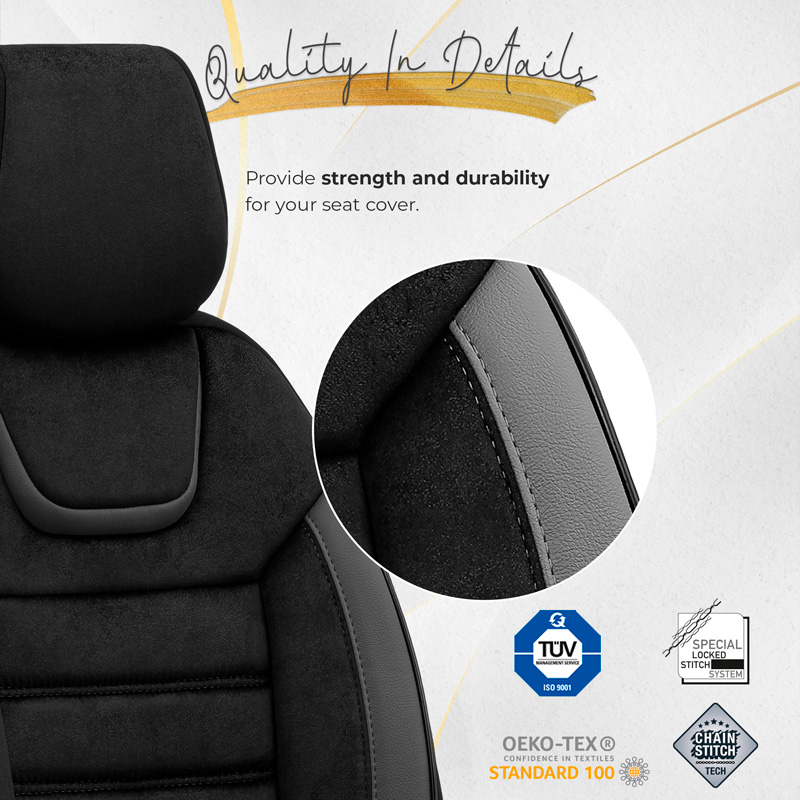 Universele Suede/Leder/Stoffen Stoelhoezenset 'Iconic' Zwart/Grijs - 11-delig - geschikt voor Side-Airbags