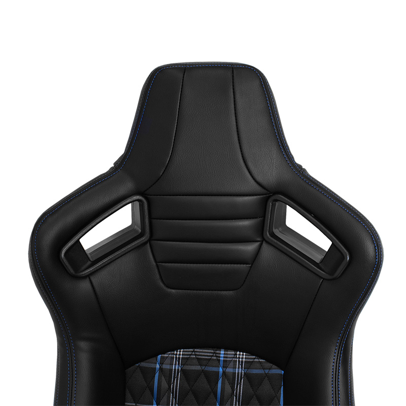 Sportstoel 'GT' - Zwart Kunstleder + Stof in Blauw ruitmotief + Blauwe stiksels - Dubbelzijdig verstelbare rugleuning - incl. sledes