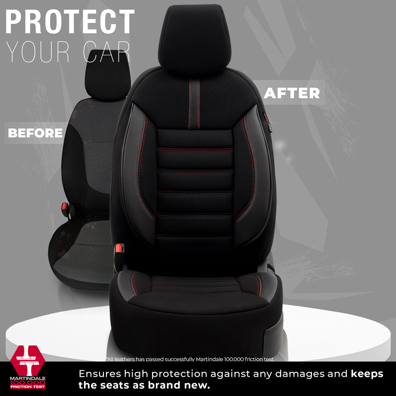 Universele Stoffen/Leder Stoelhoezenset 'Limited' Zwart + Rode stiksels - 11-delig - geschikt voor Side-Airbags