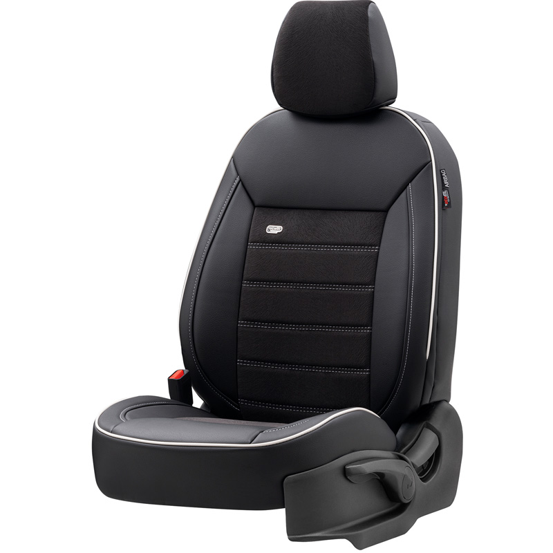 Universele Leder/Velours Stoelhoezenset 'Premium' Zwart + Witte rand - 11-delig - geschikt voor Side-Airbags
