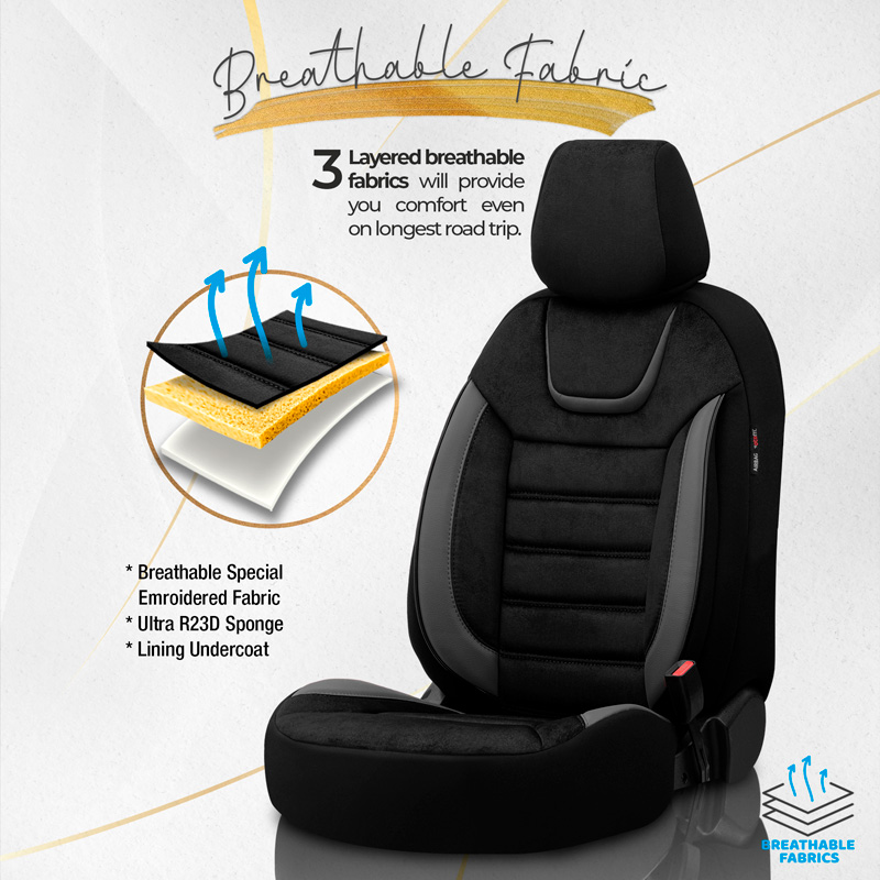 Universele Suede/Leder/Stoffen Stoelhoezenset 'Iconic' Zwart/Grijs - 11-delig - geschikt voor Side-Airbags