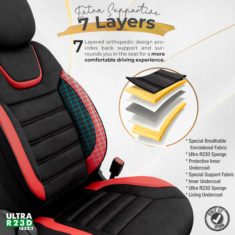 Universele Suede/Leder/Stoffen Stoelhoezenset 'Iconic' Zwart/Rood - 11-delig - geschikt voor Side-Airbags