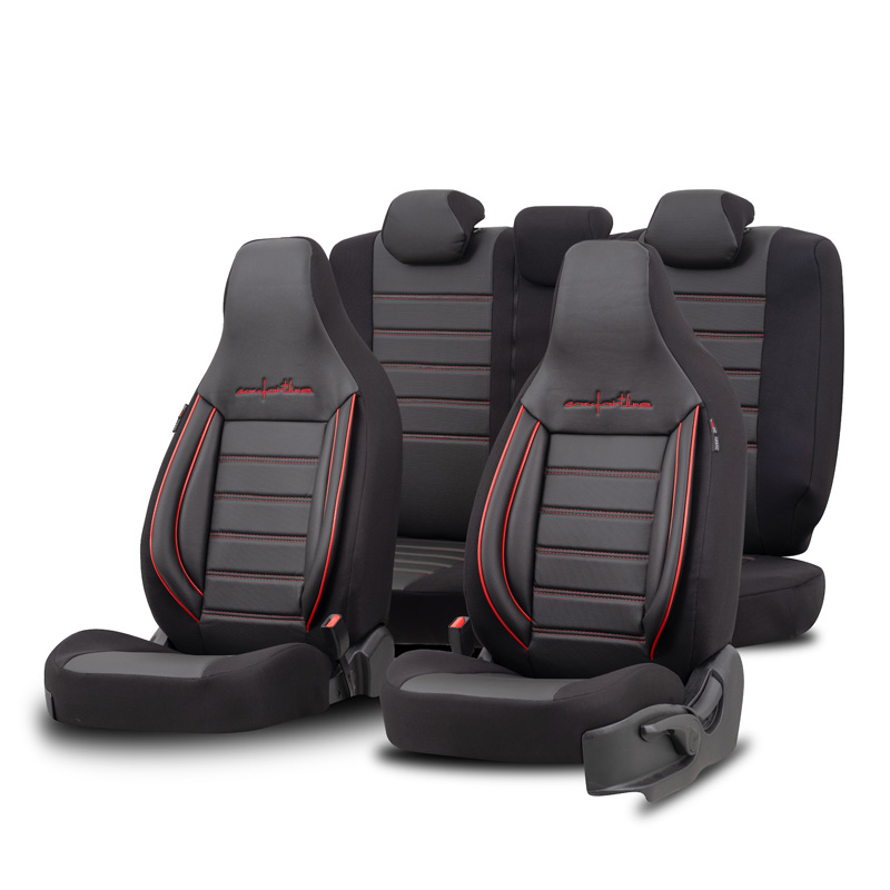 Universele Leder/Stoffen 'CityBug' Stoelhoezenset 'Comfortline' Zwart/Rood - 9-delig - geschikt voor Side-Airbags