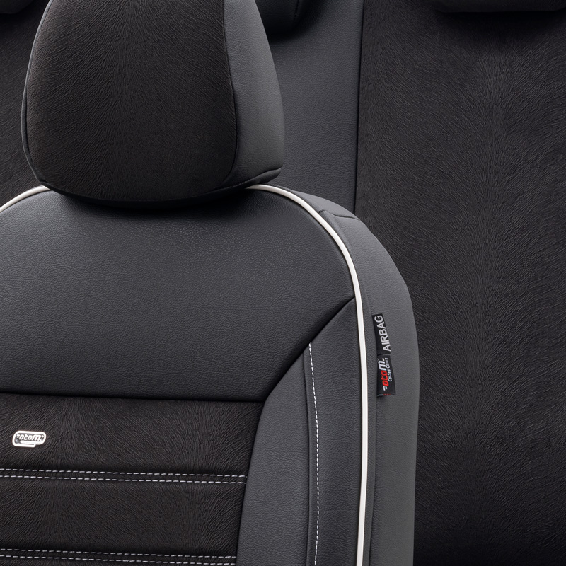 Universele Leder/Velours Stoelhoezenset 'Premium' Zwart + Witte rand - 11-delig - geschikt voor Side-Airbags