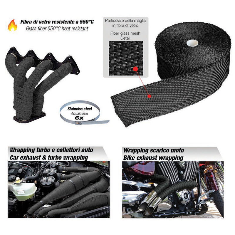 Simoni Racing Warmte-isolerende Uitlaat Wrap Kit 2 - 15m x 5cm + 6 klemmen < 550°C - Glasvezel
