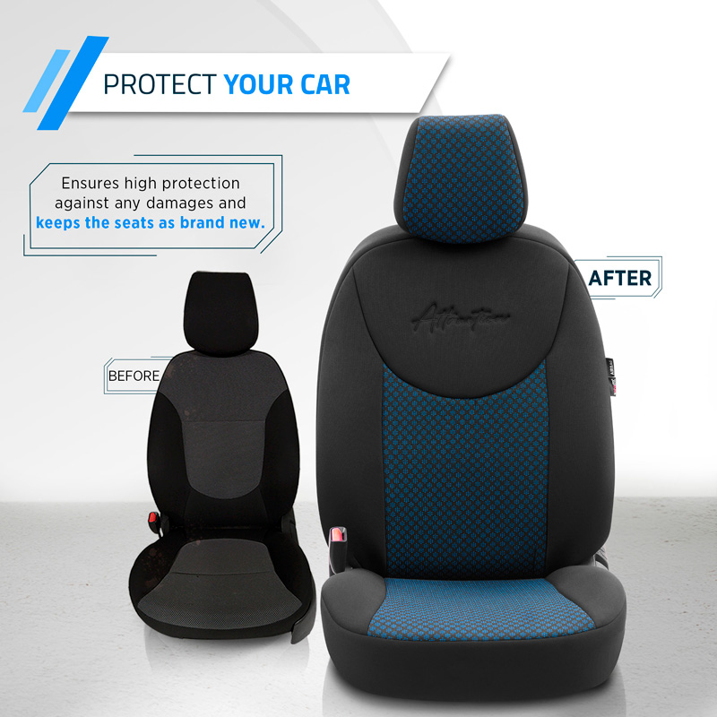 Universele Stoffen Stoelhoezenset 'Attraction' Zwart/Blauw - 11-delig - geschikt voor Side-Airbags