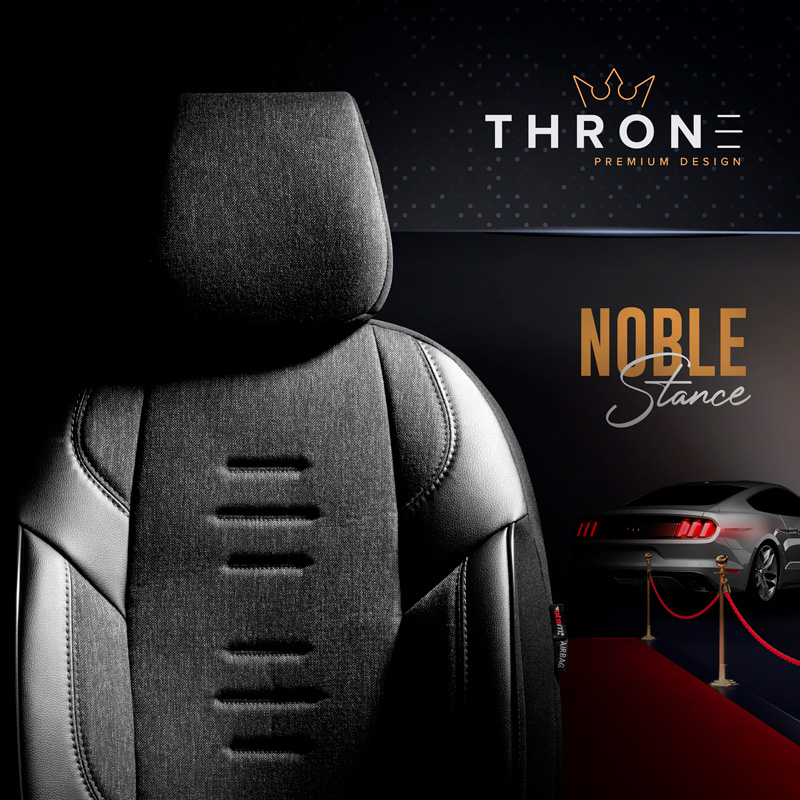 Universele Linnen/Leder/Stoffen Stoelhoezenset 'Throne' Zwart/Grijs- 11-delig - geschikt voor Side-Airbags
