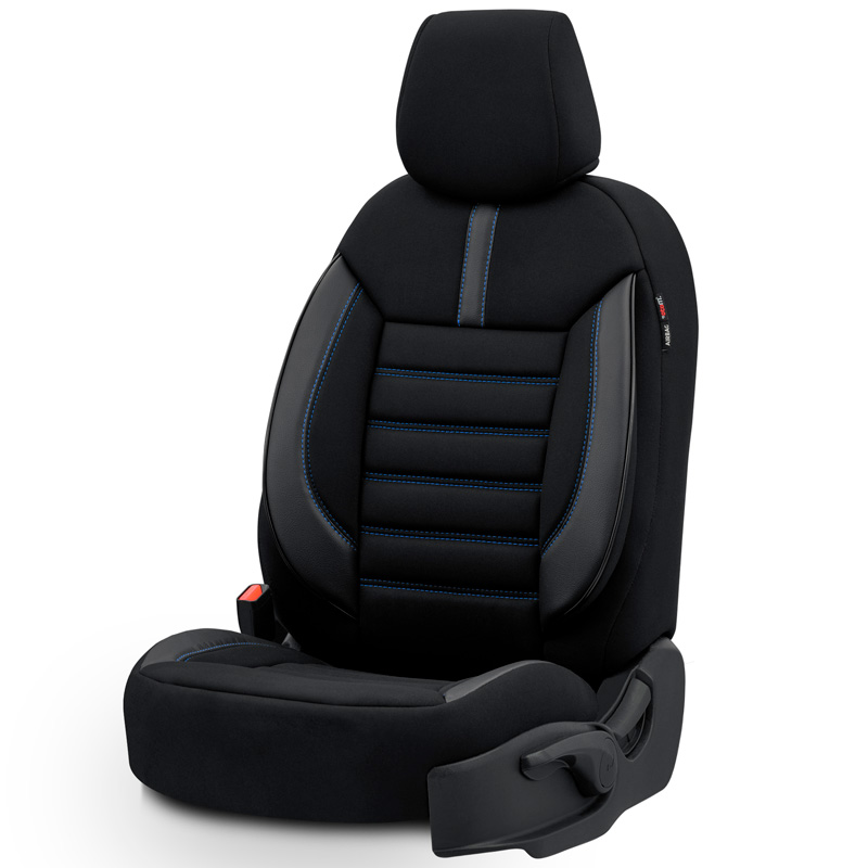 Universele Stoffen/Leder Stoelhoezenset 'Limited' Zwart + Blauwe stiksels - 11-delig - geschikt voor Side-Airbags
