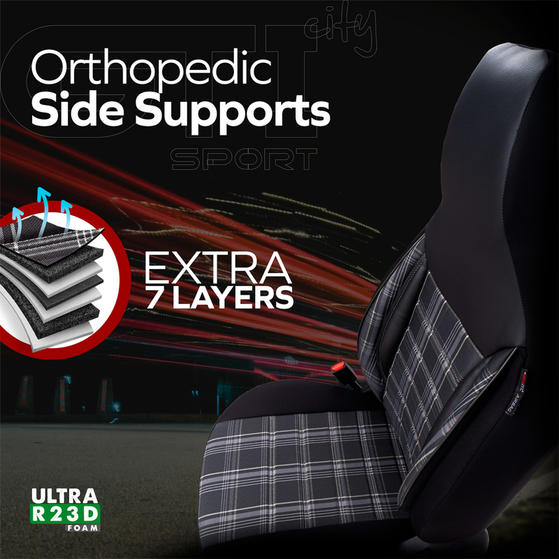 Universele Stoffen 'CityBug' Stoelhoezenset 'Sports' Zwart/Grijs/Wit - 9-delig - geschikt voor Side-Airbags