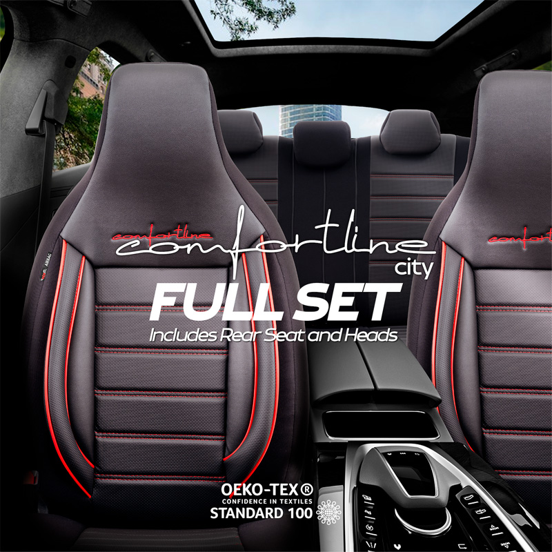 Universele Leder/Stoffen 'CityBug' Stoelhoezenset 'Comfortline' Zwart/Rood - 9-delig - geschikt voor Side-Airbags