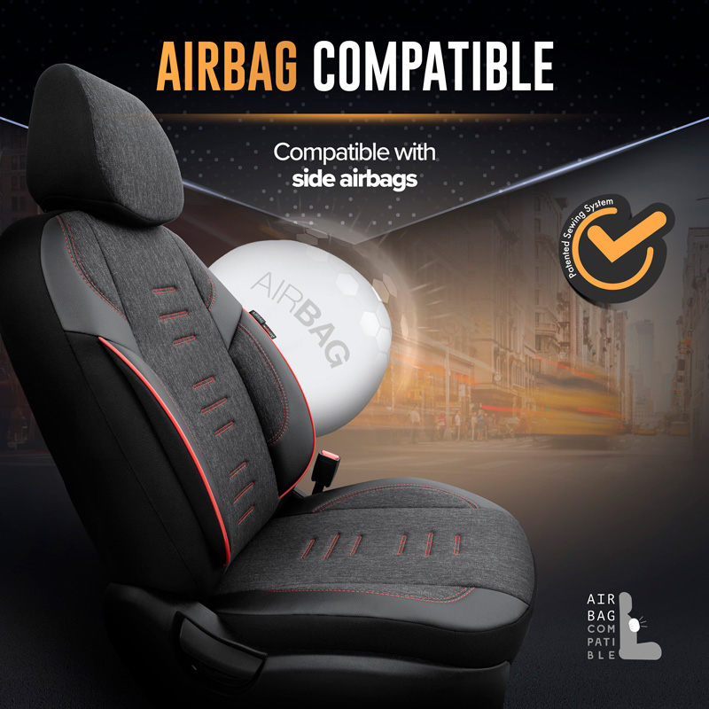 Universele Linnen/Leder/Stoffen Stoelhoezenset 'Throne' Zwart/Grijs/Rood - 11-delig - geschikt voor Side-Airbags