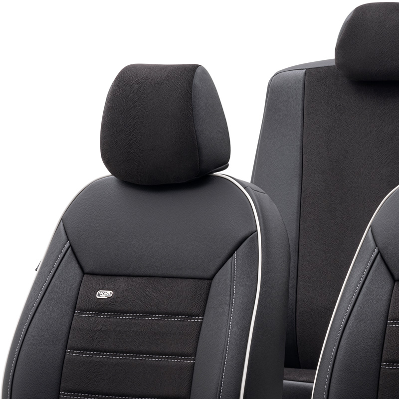 Universele Leder/Velours Stoelhoezenset 'Premium' Zwart + Witte rand - 11-delig - geschikt voor Side-Airbags