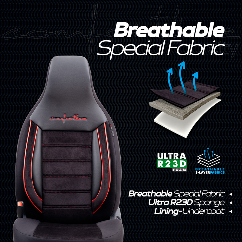 Universele Velours/Stoffen 'CityBug' Stoelhoezenset 'Comfortline' Zwart/Rood - 9-delig - geschikt voor Side-Airbags