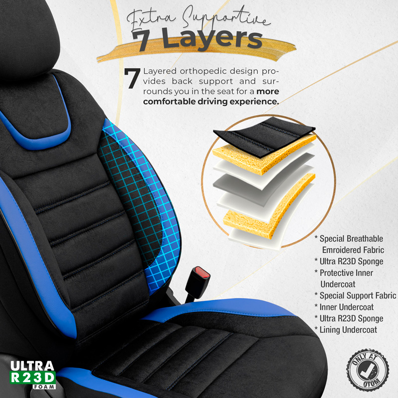 Universele Suede/Leder/Stoffen Stoelhoezenset 'Iconic' Zwart/Blauw - 11-delig - geschikt voor Side-Airbags
