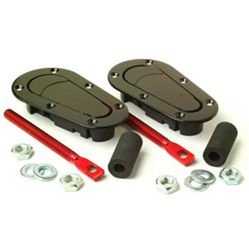 Set universele Racing Plus Flush motorkaphaken/-pins - zwart + rood aluminium pins