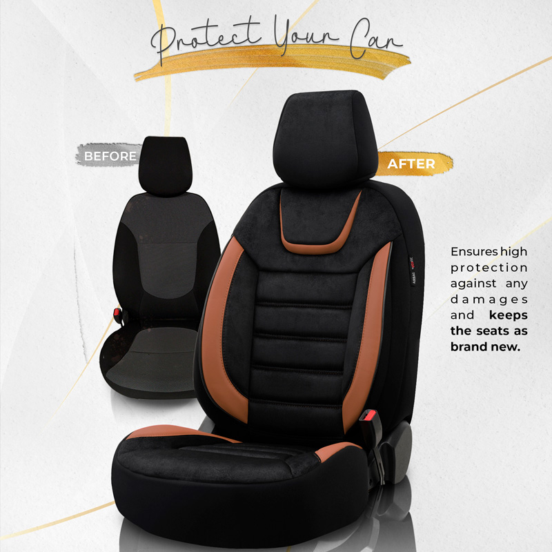 Universele Suede/Leder/Stoffen Stoelhoezenset 'Iconic' Zwart/Terracotta - 11-delig - geschikt voor Side-Airbags