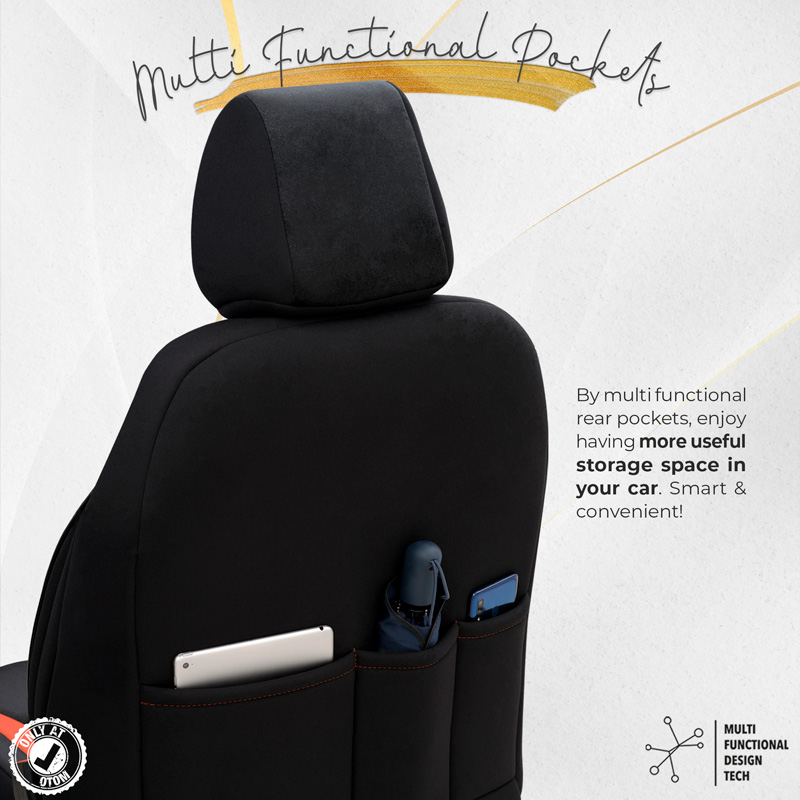 Universele Suede/Leder/Stoffen Stoelhoezenset 'Iconic' Zwart/Terracotta - 11-delig - geschikt voor Side-Airbags