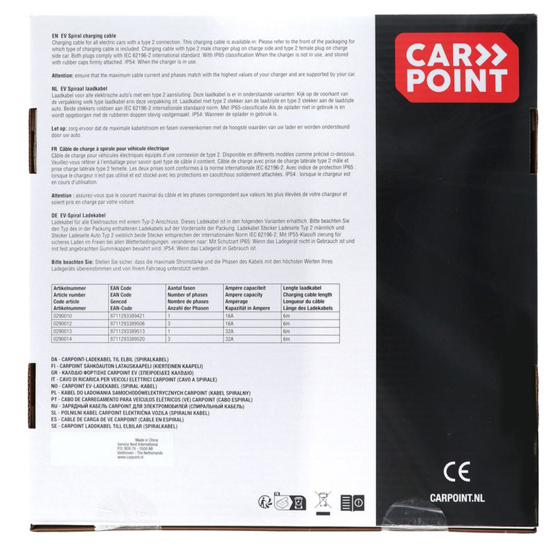 Carpoint Spiraal Laadkabel Elektrische Auto Type2>2 32A 3-Fase 6-meter