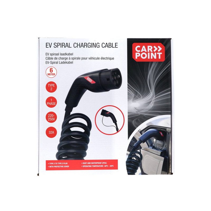 Carpoint Spiraal Laadkabel Elektrische Auto Type2>2 32A 1-Fase 6-meter