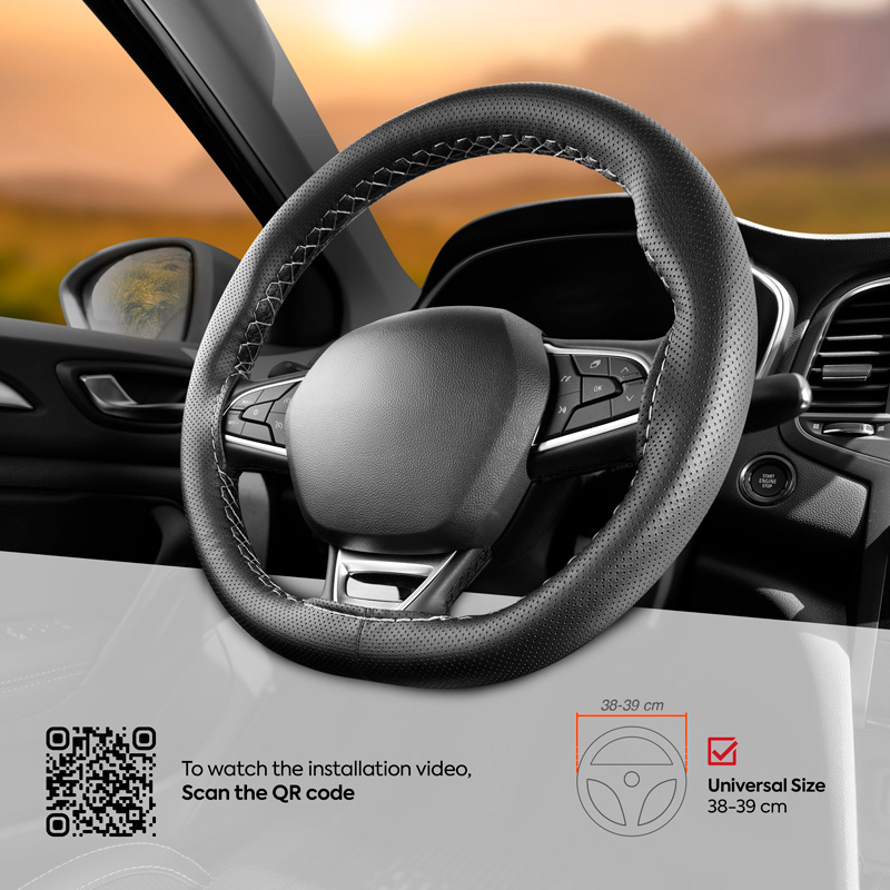 Universele stuurwielhoes Classic - Zwart geperforeerd PVC leder + Grijs stiksel (vetersluiting)