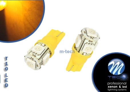 M-tech L054 geel LED T10 12v 5x SMD5050 2 stuks