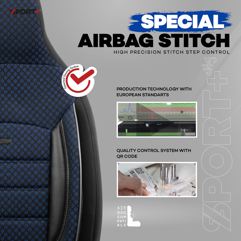 Universele Stoffen 'CityBug' Stoelhoezenset 'Sport Plus' Zwart/Blauw - 9-delig - geschikt voor Side-Airbags