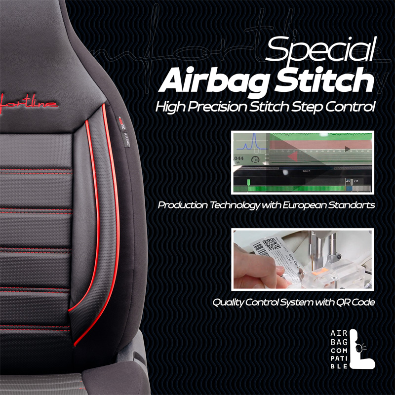 Universele Leder/Stoffen 'CityBug' Stoelhoezenset 'Comfortline' Zwart/Rood - 9-delig - geschikt voor Side-Airbags