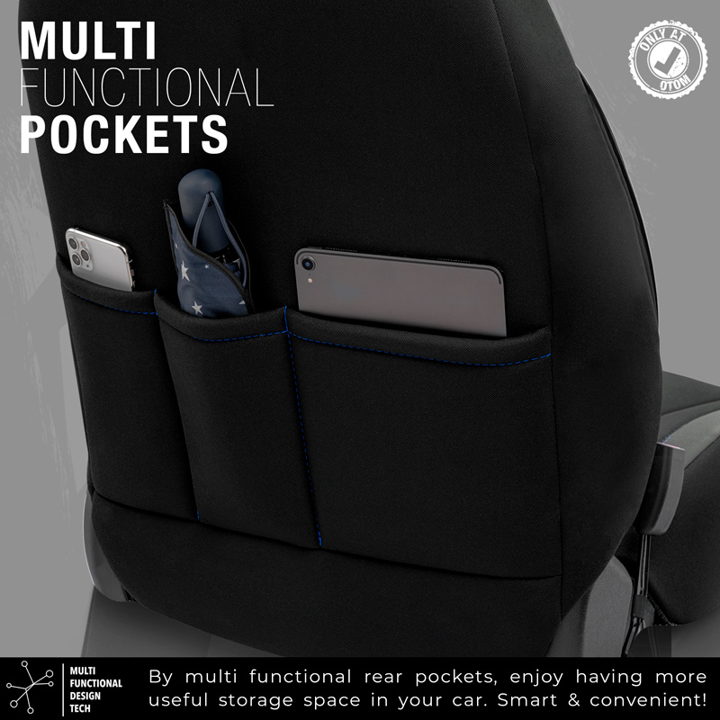 Universele Stoffen/Leder Stoelhoezenset 'Limited' Zwart + Blauwe stiksels - 11-delig - geschikt voor Side-Airbags
