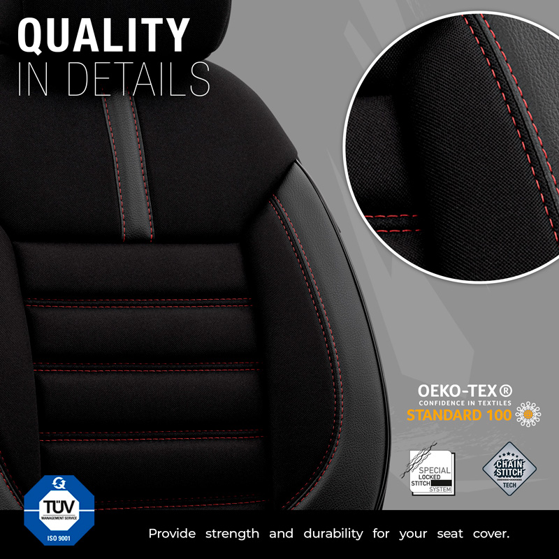 Universele Stoffen/Leder Stoelhoezenset 'Limited' Zwart + Rode stiksels - 11-delig - geschikt voor Side-Airbags