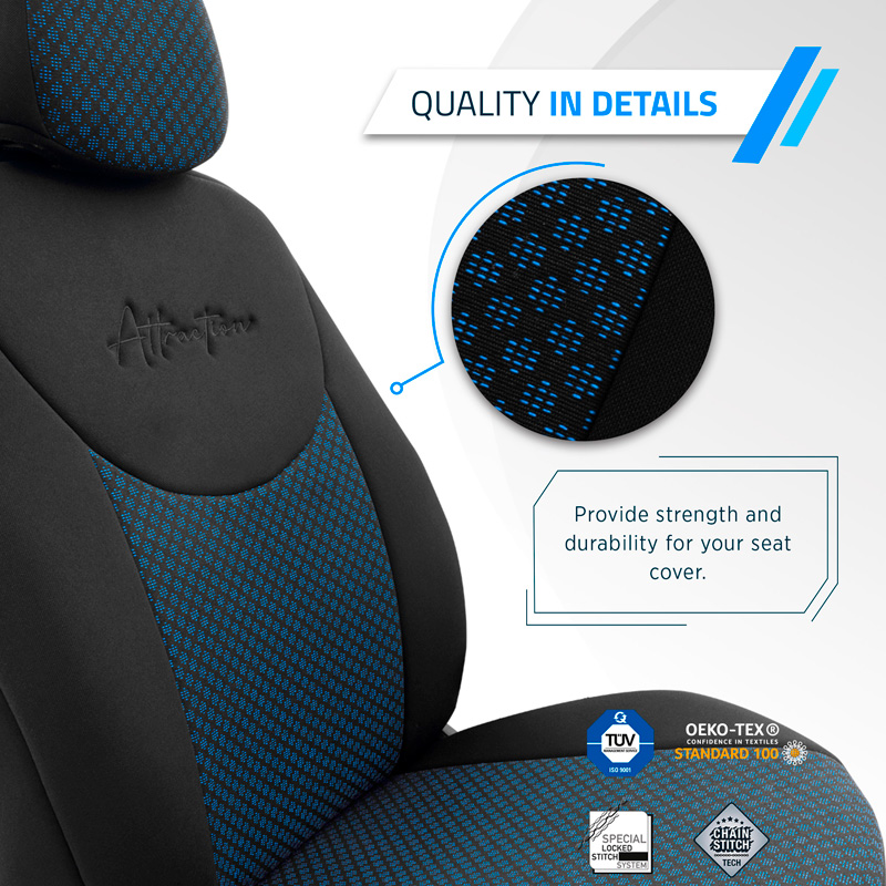 Universele Stoffen Stoelhoezenset 'Attraction' Zwart/Blauw - 11-delig - geschikt voor Side-Airbags