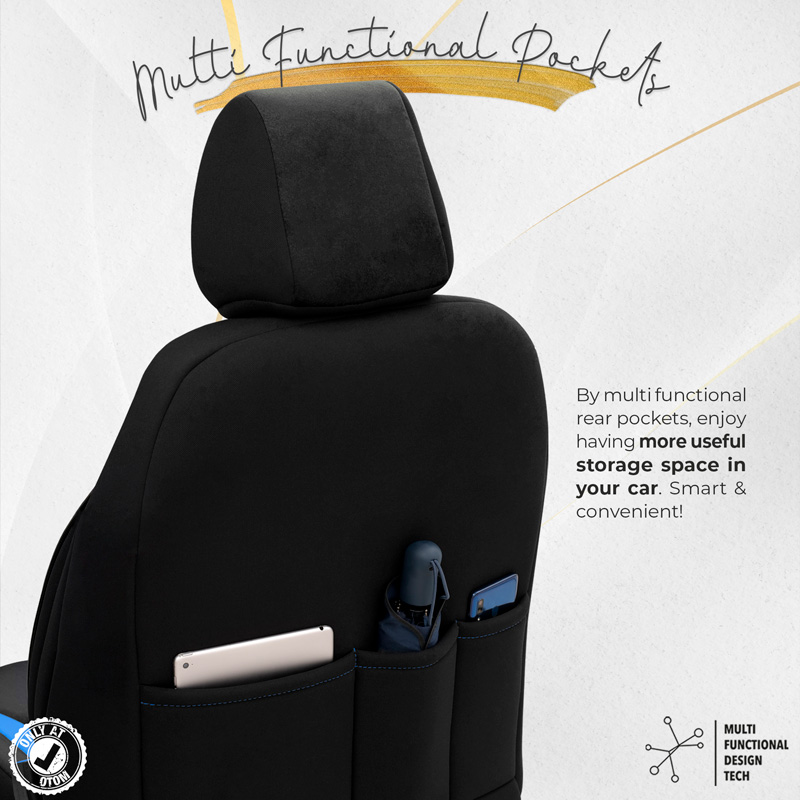 Universele Suede/Leder/Stoffen Stoelhoezenset 'Iconic' Zwart/Blauw - 11-delig - geschikt voor Side-Airbags