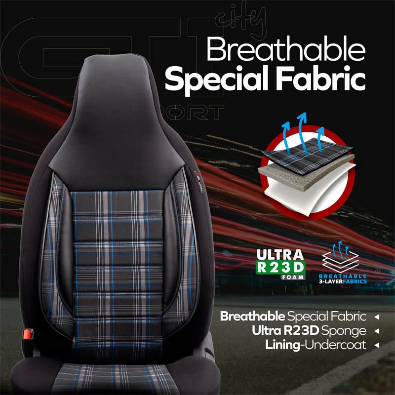 Universele Stoffen 'CityBug' Stoelhoezenset 'Sports' Zwart/Grijs/Blauw - 9-delig - geschikt voor Side-Airbags