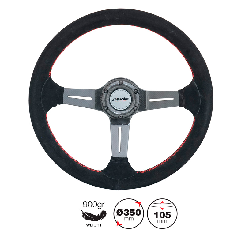 Simoni Racing Universeel Sportstuur Carlos - Carbon - Zwart Suède + Rode Stiksels - Diameter 350mm