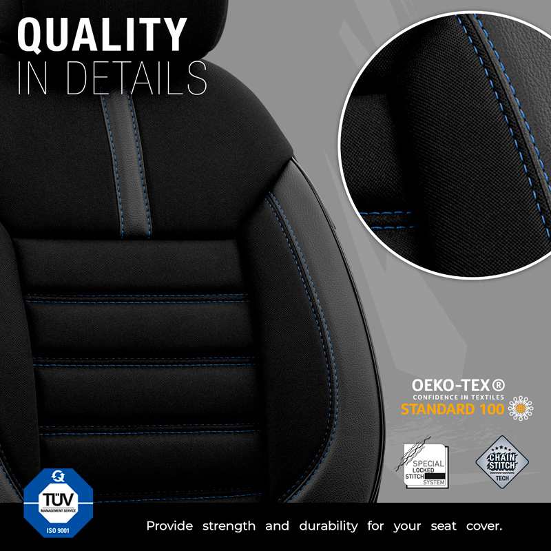 Universele Stoffen/Leder Stoelhoezenset 'Limited' Zwart + Blauwe stiksels - 11-delig - geschikt voor Side-Airbags