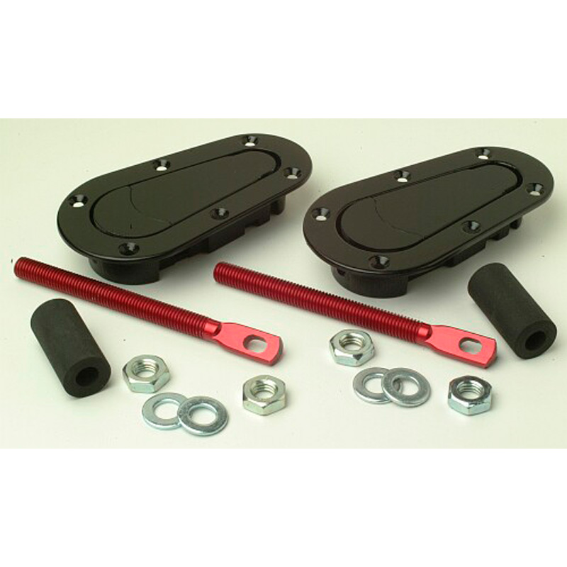 Set universele Racing Plus Flush motorkaphaken/-pins - zwart + rood aluminium pins
