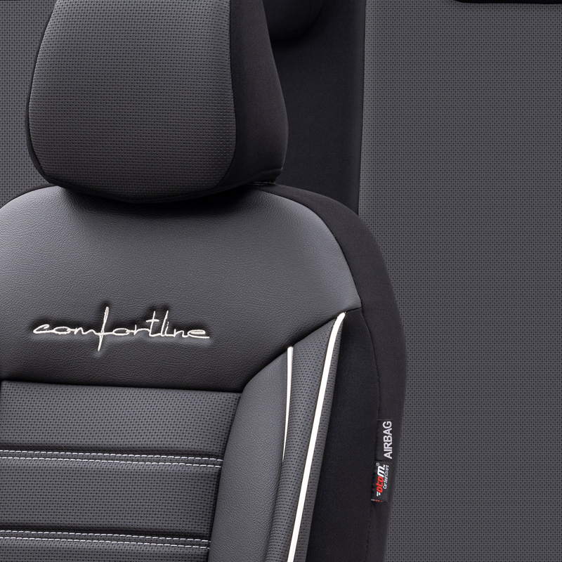 Universele Leder/Stoffen Stoelhoezenset 'Comfortline' Zwart/Grijs + Witte rand - 11-delig - geschikt voor Side-Airbags