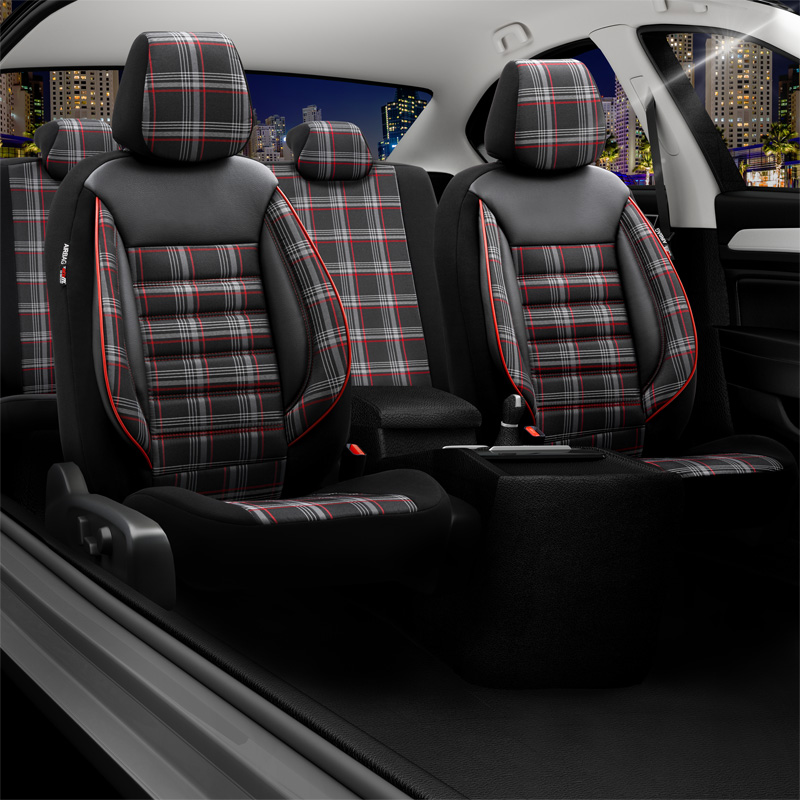 Universele Stoffen Stoelhoezenset 'Sports' Zwart/Grijs/Rood - 11-delig - geschikt voor Side-Airbags