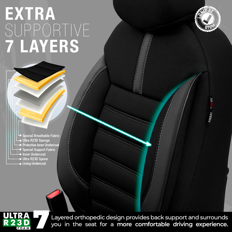 Universele Stoffen/Leder Stoelhoezenset 'Limited' Zwart + Grijze stiksels - 11-delig - geschikt voor Side-Airbags