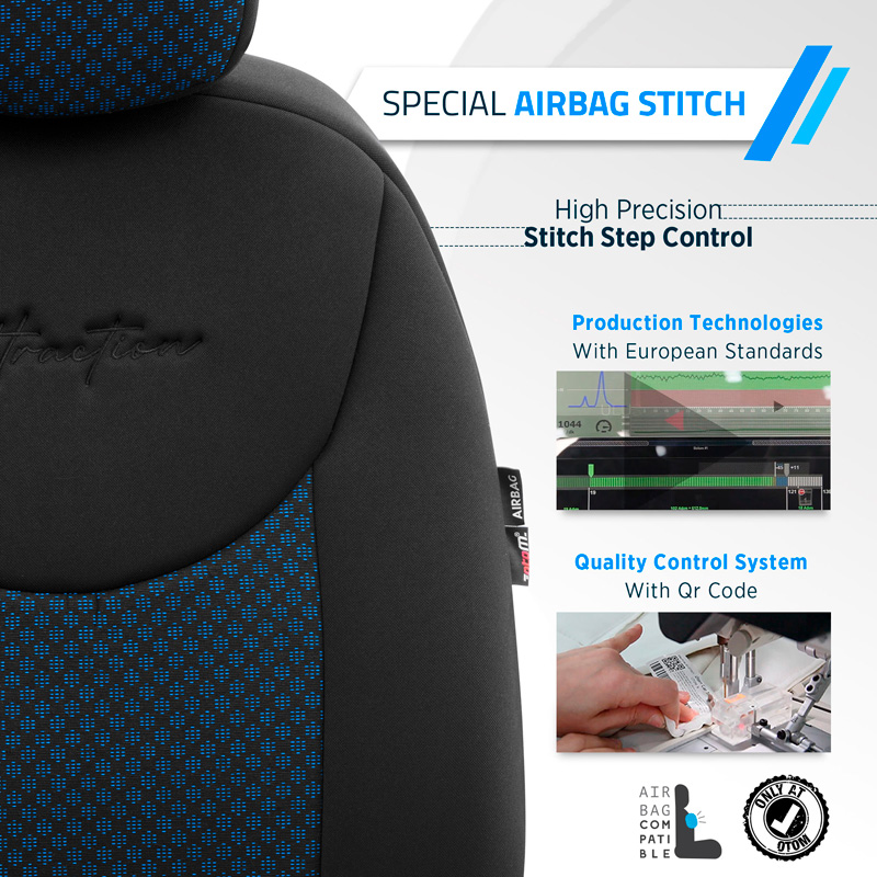 Universele Stoffen Stoelhoezenset 'Attraction' Zwart/Blauw - 11-delig - geschikt voor Side-Airbags