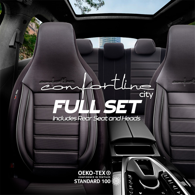 Universele Leder/Stoffen 'CityBug' Stoelhoezenset 'Comfortline' Zwart/Grijs - 9-delig - geschikt voor Side-Airbags
