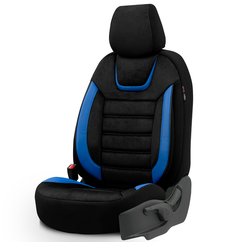Universele Suede/Leder/Stoffen Stoelhoezenset 'Iconic' Zwart/Blauw - 11-delig - geschikt voor Side-Airbags