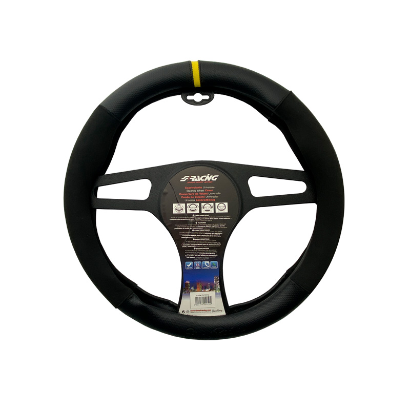 Simoni Racing Stuurwielhoes Sporty - Zwart Eco-Leder/Microvezel/Carbon Look + Gele Markering - 37-39cm