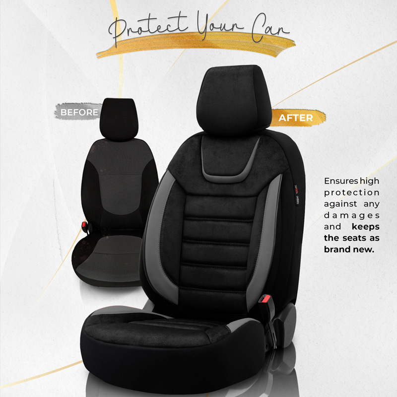 Universele Suede/Leder/Stoffen Stoelhoezenset 'Iconic' Zwart/Grijs - 11-delig - geschikt voor Side-Airbags